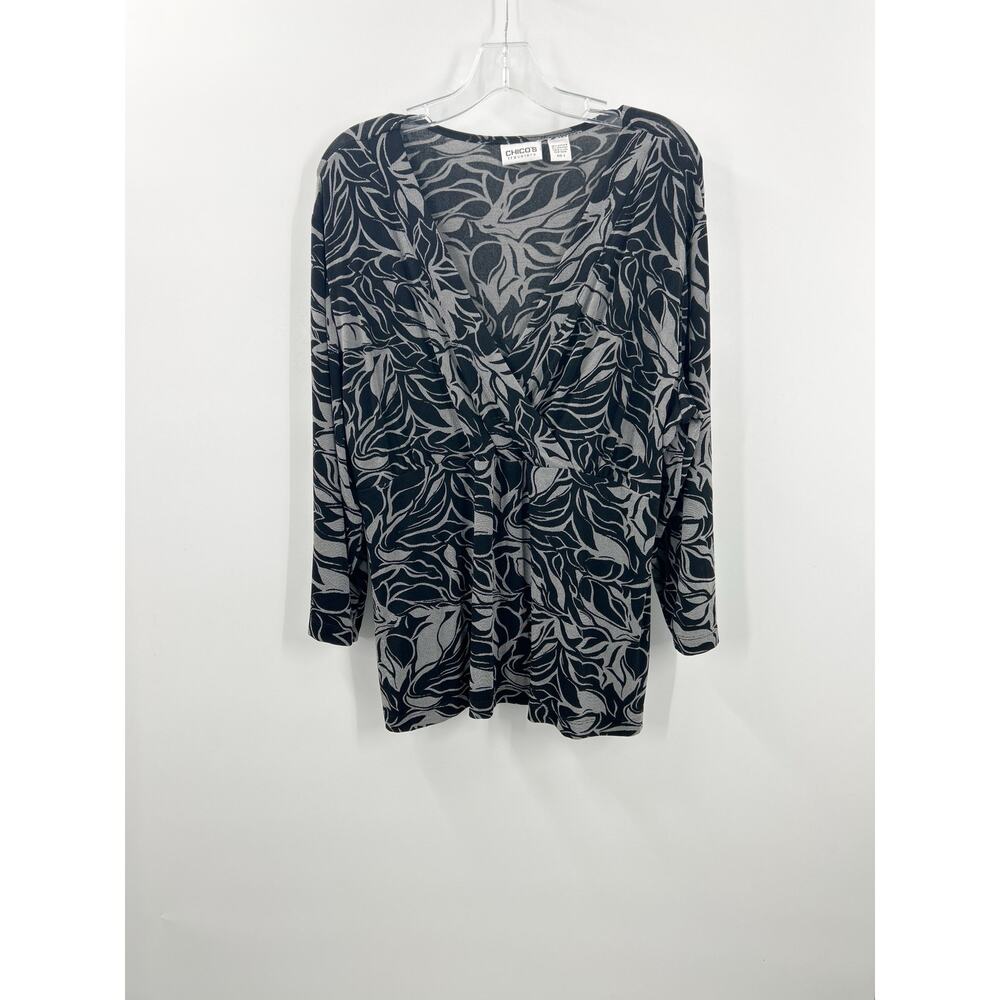 Chico’s Travelers Wrap Top Blouse Sz 3 Black Gray Slinky